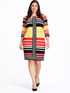London Times 10P Multicolor Stripe Midi Sheath Dress Stretch Silky NWT